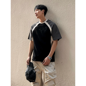 AIDASE  -  Summer American Style Color Block Raglan Round Neck Short Sleeve T-Shirt Men's Pure Cotton Heavyweight Loose Half Sleeve Top aidase-shop